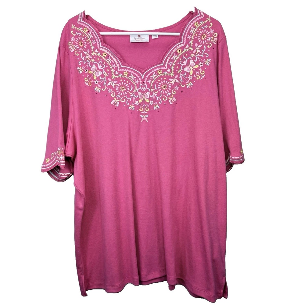 Quacker Factory Pink Floral Rhinestone Short Sleeve Scalloped Knit Top Size 2X - Picture 2 of 11